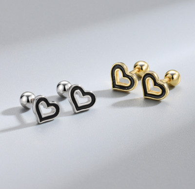 WOMEN GIRL 925 STERLING SILVER ENAMEL OPEN HEAR SCREW BACK STUD EARRINGS BOX D8