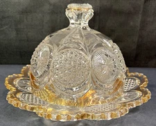 Early 1900 Antique US GLASS COMPANY Clear with Gold Trim Covered Dish