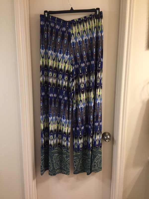 Live and Let Live Multi-Color Print Poly Blend Wide Leg Palazzo Pants Large EUC