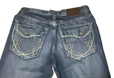 Mens Carbon Black Jeans Size 29/31 Blue Denim Embroidered Pockets Low Boot Cut