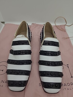 New Susana Madrid Iris Studs Flat Leather Loafer Black & White Size 37 / US 6