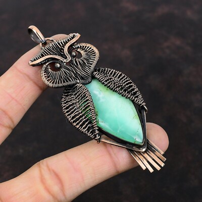Chrysoprase Wire Wrapped Owl Pendant Handcrafted Copper Unique Jewelry 3.62''