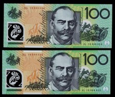 AUSTRALIA $100 2010 LAST PREFIX CONSECUTIVE PAIR x 2 UNC Banknotes EL10 988533/4