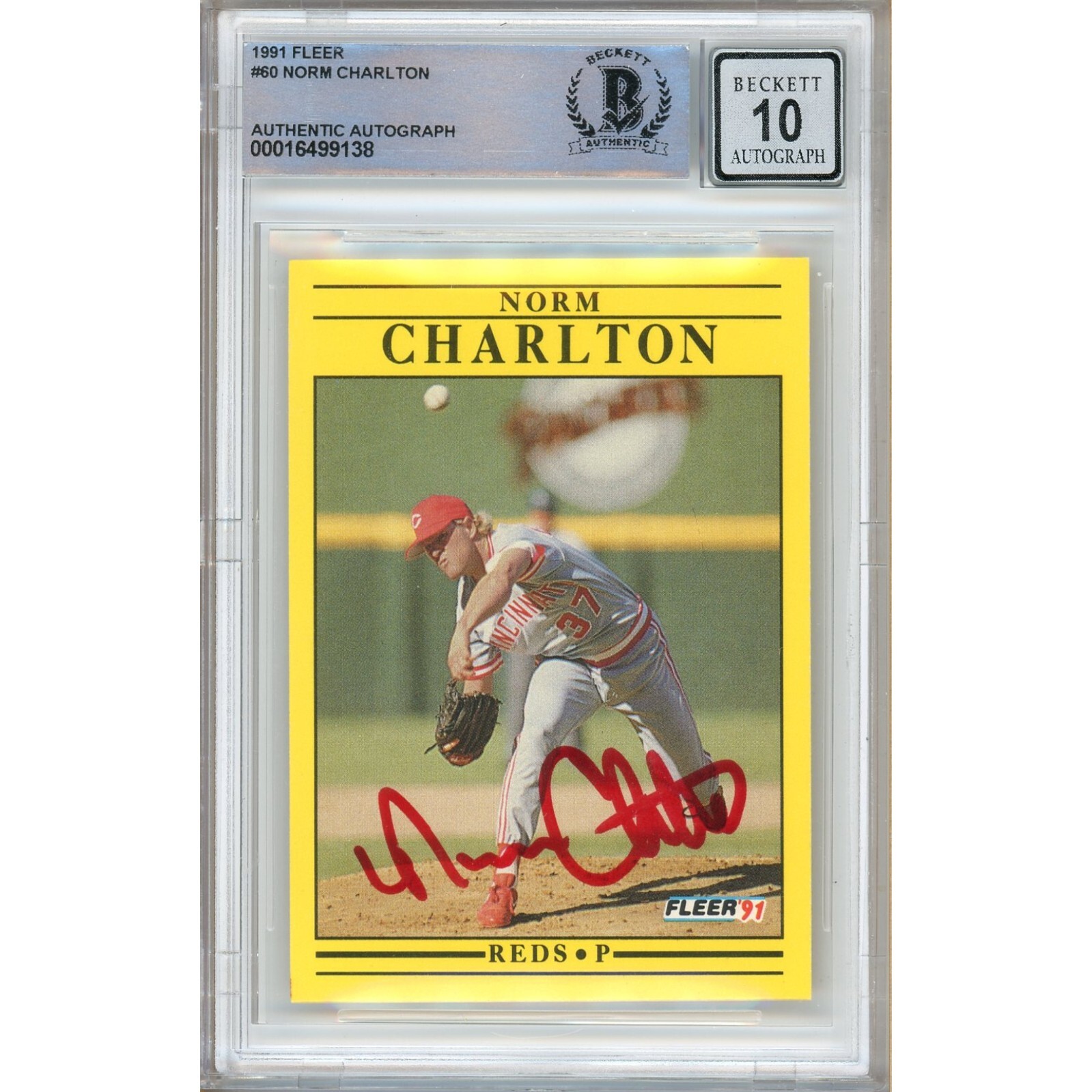 Norm Charlton Cincinnati Reds Signed 1991 Fleer Baseball BAS Auth BGS Auto 10