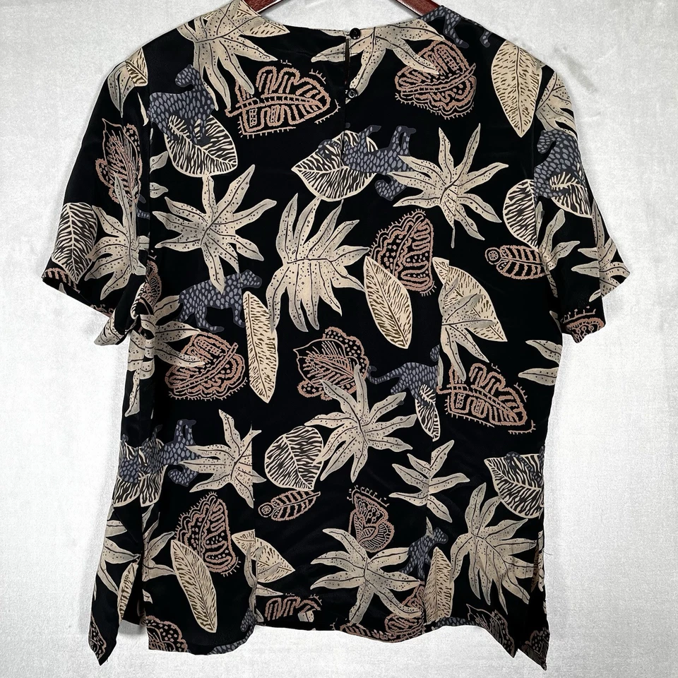 Kathy Che Black Brown Blue Tiger Floral Crew Neck Short Sleeve Tunic Blouse XL - Image 4 of 4