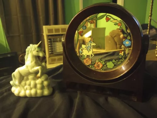 VTG Yaps Brown Lucite Mirror Unicorn Music Box Missing Small Drawer-W/Figurine