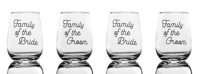 4 Pack Wedding Wine Glasses w/Decal  Family of the Bride   Family of the Groom 