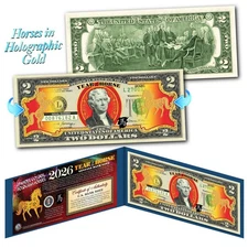 2026 Chinese New Year US Genuine $2 Bill YEAR OF THE HORSE Gold Hologram - Blue