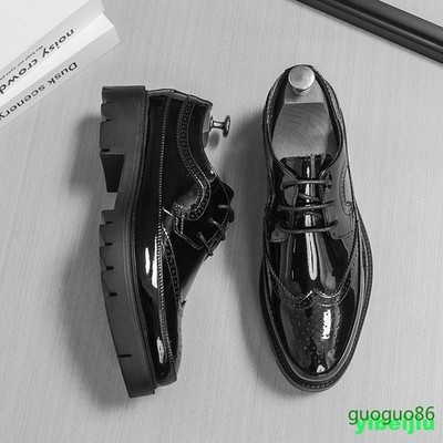 Men's Wing Tip Brogue Platform Dress Shiny Leather Shoes Low Heel Wedding Carved