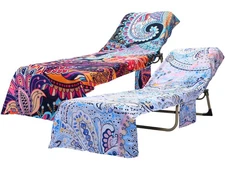 2 Pcs Bohemia Lounge Chair Cover with Side Pockets Beach Chair Cover Microfib...