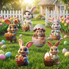 6PCS Bunny and Egg Outdoor Yard Signs with Waterproof Stakes for Easter