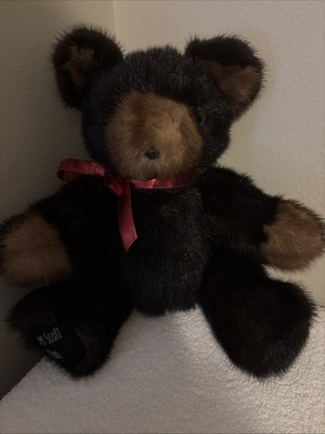 Real Fur Teddy Bear Black With Bow Handmade By Robert Scott Furrier Soft NWOT