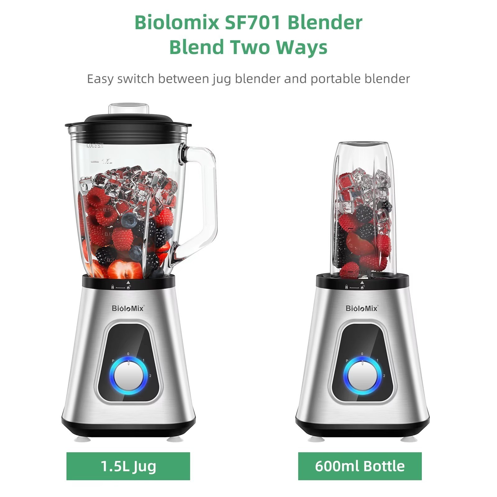 1300W Smoothie Blender 1.5L Glass Jar & 600ml Cup Ice Crush