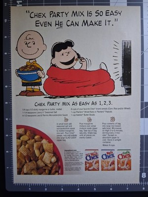 1993 Chex Cereal Print Ad. Party Mix Recipe. Peanuts. Charlie Brown & Lucy.