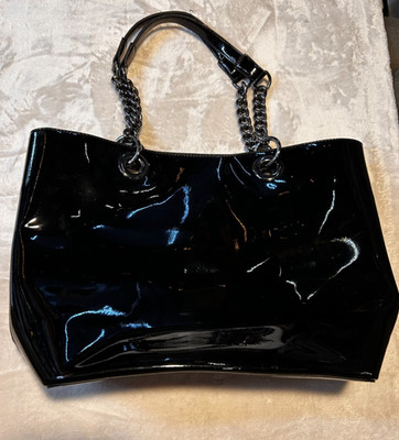 DKNY Black Patent Leather Tote Bag Silver Chain Handle Shoulder Glossy Handbag