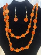 Orange Beaded Necklace and Earrings
