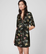 AllSaints Kota Evolution Silk Floral Mini Dress Sz M Smocked Skulls Grunge Mesh