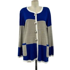 Exclusively Misook Cardigan Blazer Royal Blue Gray Stripe Button Front Size XL