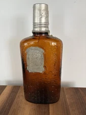 Vtg Bourbon de Luxe Whiskey Bottle 1931 Embossed W/ Shot Glass + 100 Proof Stamp