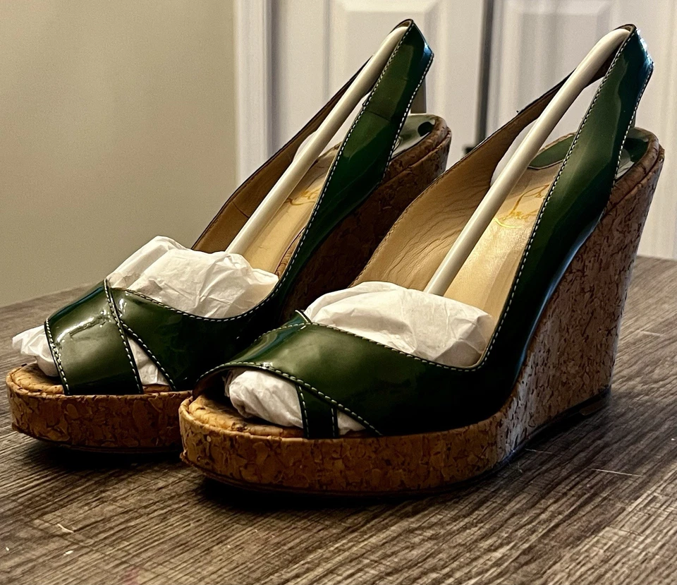 Christian Louboutin Cuñas de Corcho Talla 37 Charol Verde Fiesta Tacones Foto 4 de 4