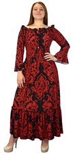 Gypsy Boho 3/4 Sleeves Smocked Waist Tiered Renaissance Maxi Dress Red Black, M
