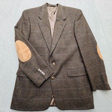 Vtg Austin Reed Blazer Mens 40R Brown Wool Blue Windowpane Elbow Patch USA Made