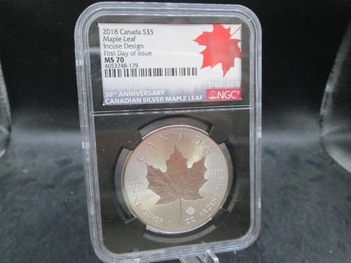 2018 Canada Maple Leaf .9999 Fine Silver 1oz. $5 NGC MS 70 Incuse Design First D