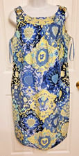 TALBOTS  SHIFT DRESS-PLUS (WOMAN) SIZE 12W-BLUES/YELLOWS-LINED-100% COTTON-*NEW*