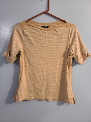 Lauren Ralph Lauren Beige White Stripe Boat Neck Shirt Size L Capsule Wardrobe