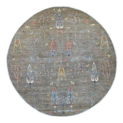 10'x10' Gray Peshawar with Cypress Tree Design Hand Knotted Wool Round Rug 21536