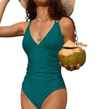 Charmo Tummy Control One Piece Ruched Strappy VNeck Swimsuit UPF 50 Large NWT