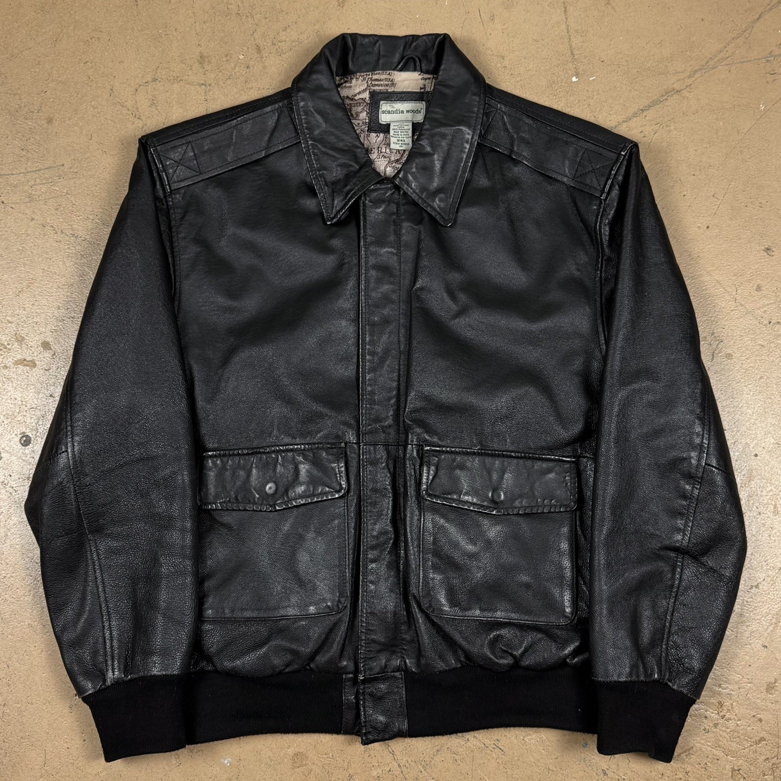 Vintage Scandia Woods A-2 Leather Bomber Jacket Map Aviation Black Size Medium