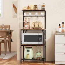 Kitchen Bakers Rack with Storage Shelves, Small Coffee Bar Cart with 8 Hooks, 