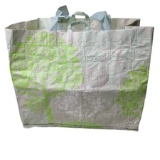 Reusable Green White Shopping Tote Bag Tree Design Light Blue Handles Foldable