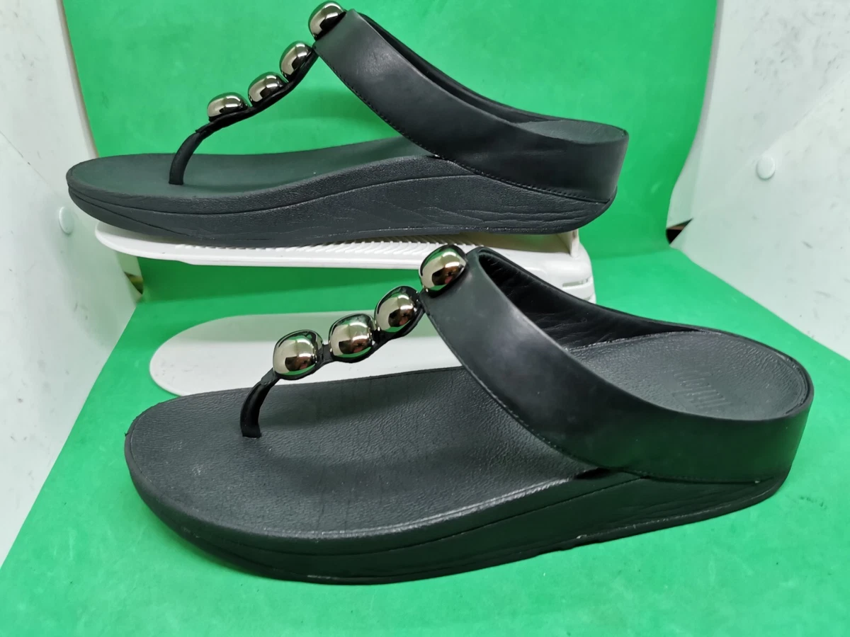 FitFlop Rola Leather Black Gold Toe Thongs Slide Sandals Women s