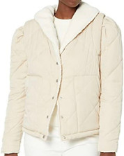 Blank NYC Jacket Women Sz M Beige Faux Fur Trim Quilted Puffer Coat Winter Warm