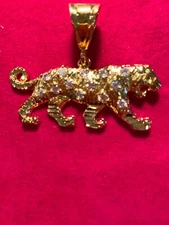 14KT GOLD PLATED CLEAR CZ TIGER CHARM PENDANT - 9002