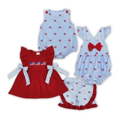 Sibling Embroidery Baby Girls Red Flags 4th of July Bows Rompers Outfits Sets - Image 1 of 4