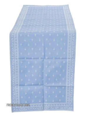 Marat Avignon French Jacquard Table Runner Flowers & Stripes Blue  Made France