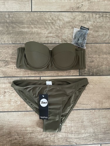 BNWT Boohoo Bikini Size 10 Longline U'wired Padded Strap/less Khaki