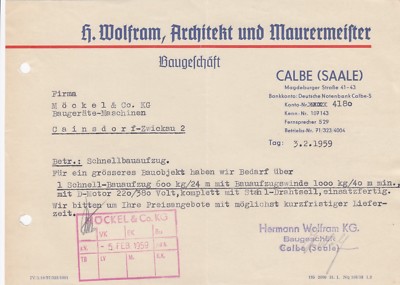 CALBE, Brief 1959, H. Wolfram Architekt Maurermeister