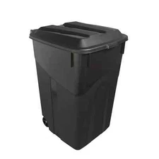 45 Gallon Wheeled Heavy Duty Plastic Garbage Can, Attached Lid, Blac