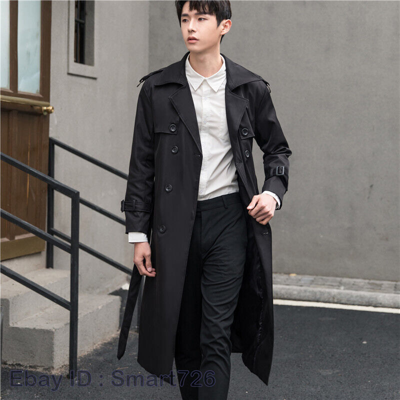ジャケット・アウター black long coat sullen Mens Spring/Autumn British Long Jacket Solid Color Trench