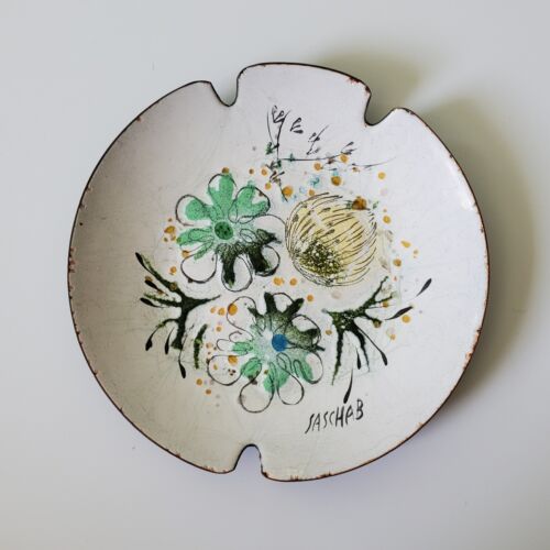 Sascha Brastoff Ashtray 5.25" Signed Vintage MCM Round Floral Enameled Copper - Afbeelding 1 van 9