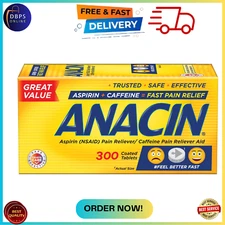 Anacin Fast Pain Relief Aspirin + Caffeine, 300 Coated Tablets Free Shipping US