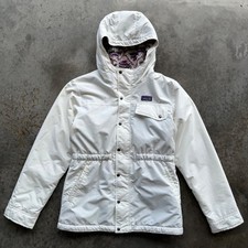 Patagonia Girls XL 14 Fleece Lined Hooded Parka Jacket Cream White Geometric