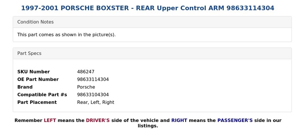 1997-2001 PORSCHE BOXSTER - REAR Upper Control ARM 98633114304 - image 3 of 4