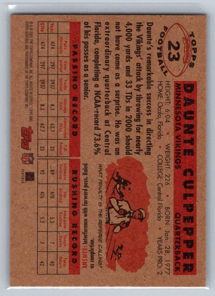 💎2001 Topps Heritage Football #23 Daunte Culpepper - Minnesota Vikings💎 - Image 2 of 2