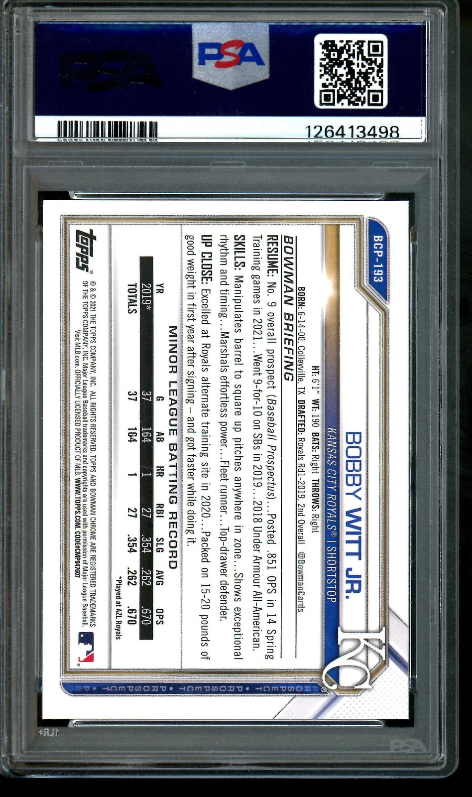 2021 Bowman Chrome Bobby Witt Jr Green Shimmer PSA 9 Royals view 2