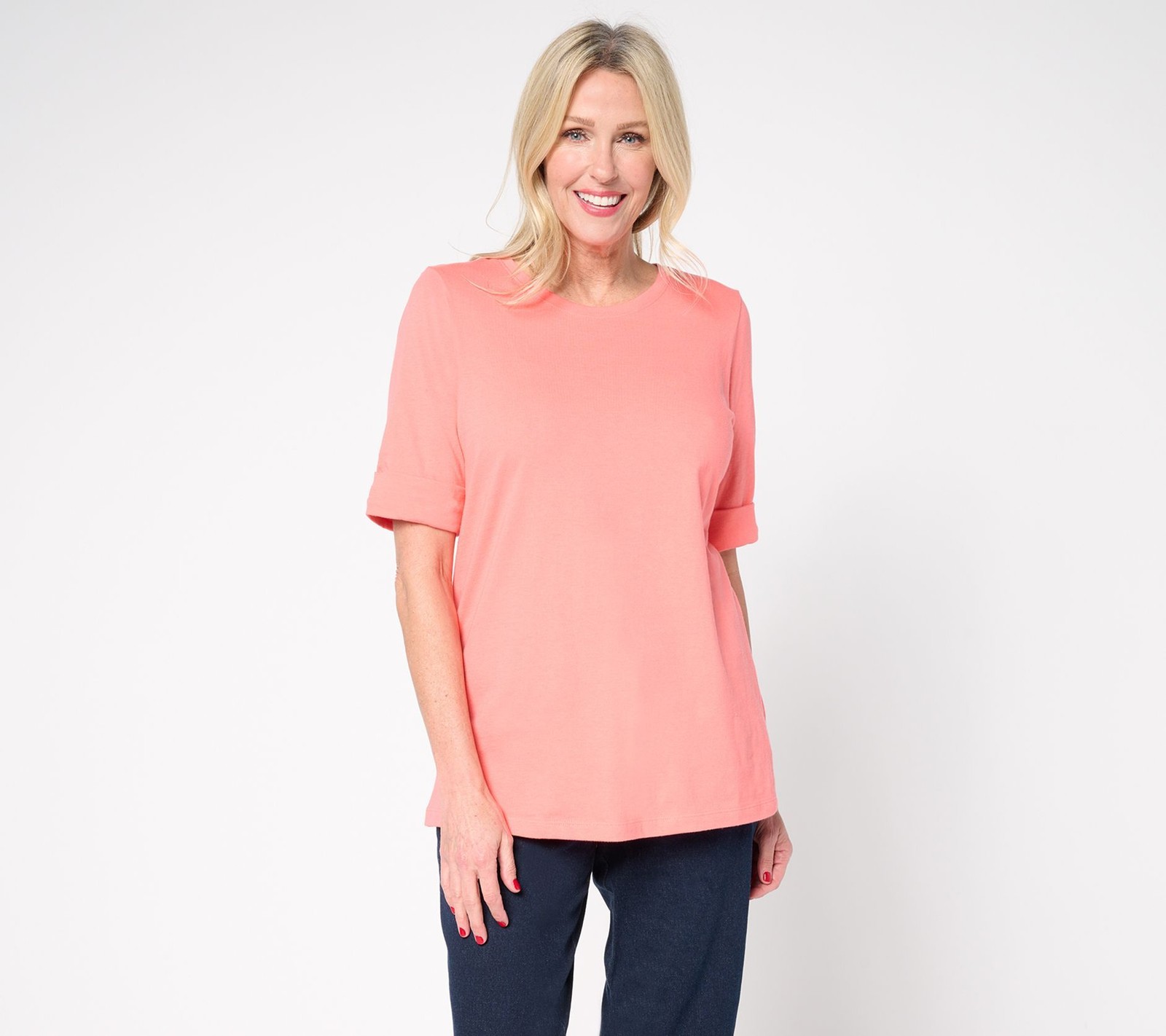 Denim & Co. Women's Top Sz XL Essentials True Cotton Roll Cuff Tunic Pink